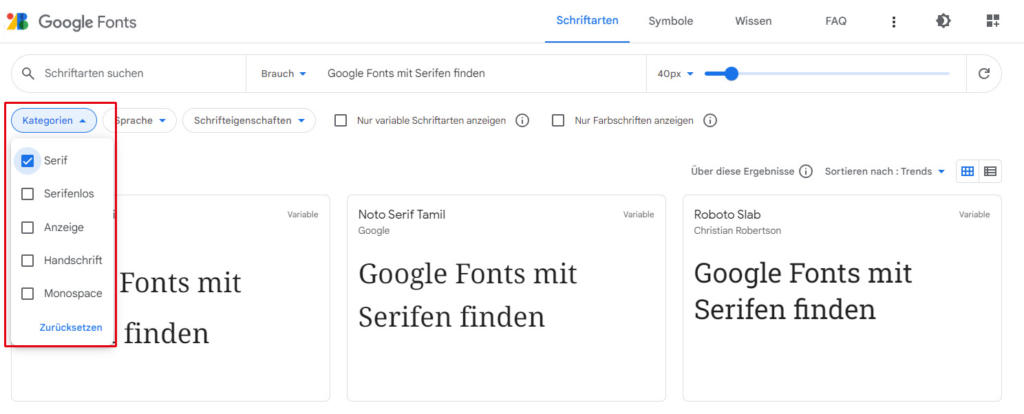 Google Fonts Kategorien