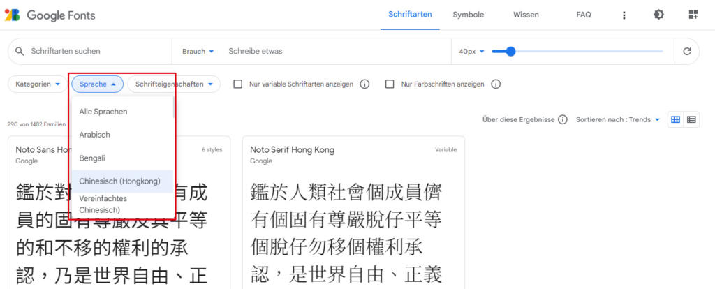Google Fonts Sprachen
